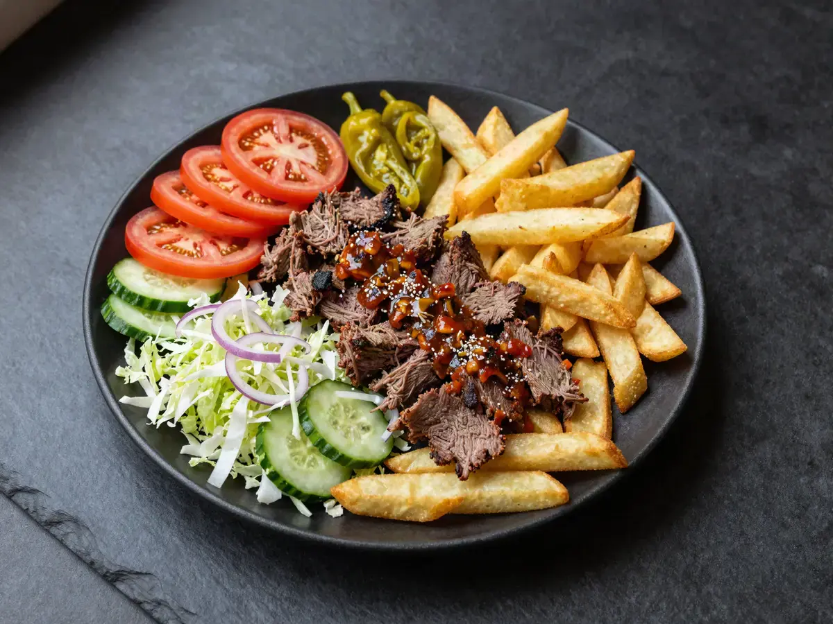 Kebabtallrik med pommes, sallad och feferoni